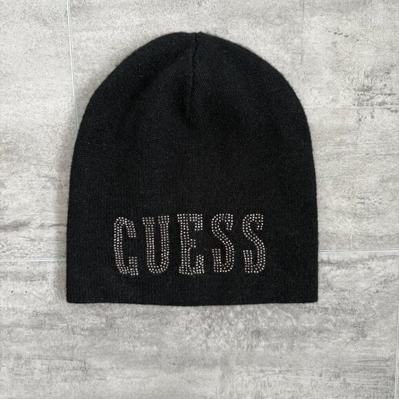 GUESS Womens Rhinestone Graphic Beanie Hat M/L Black Wool - Picture 2 of 8